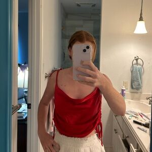 Red Cowl Neck Top with Cinched Sides